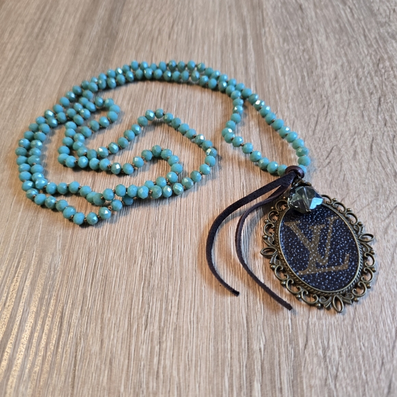 Upcycled Long Turquoise Beaded Necklace W Bronze LV Pendant 36inches - Picture 4 of 10